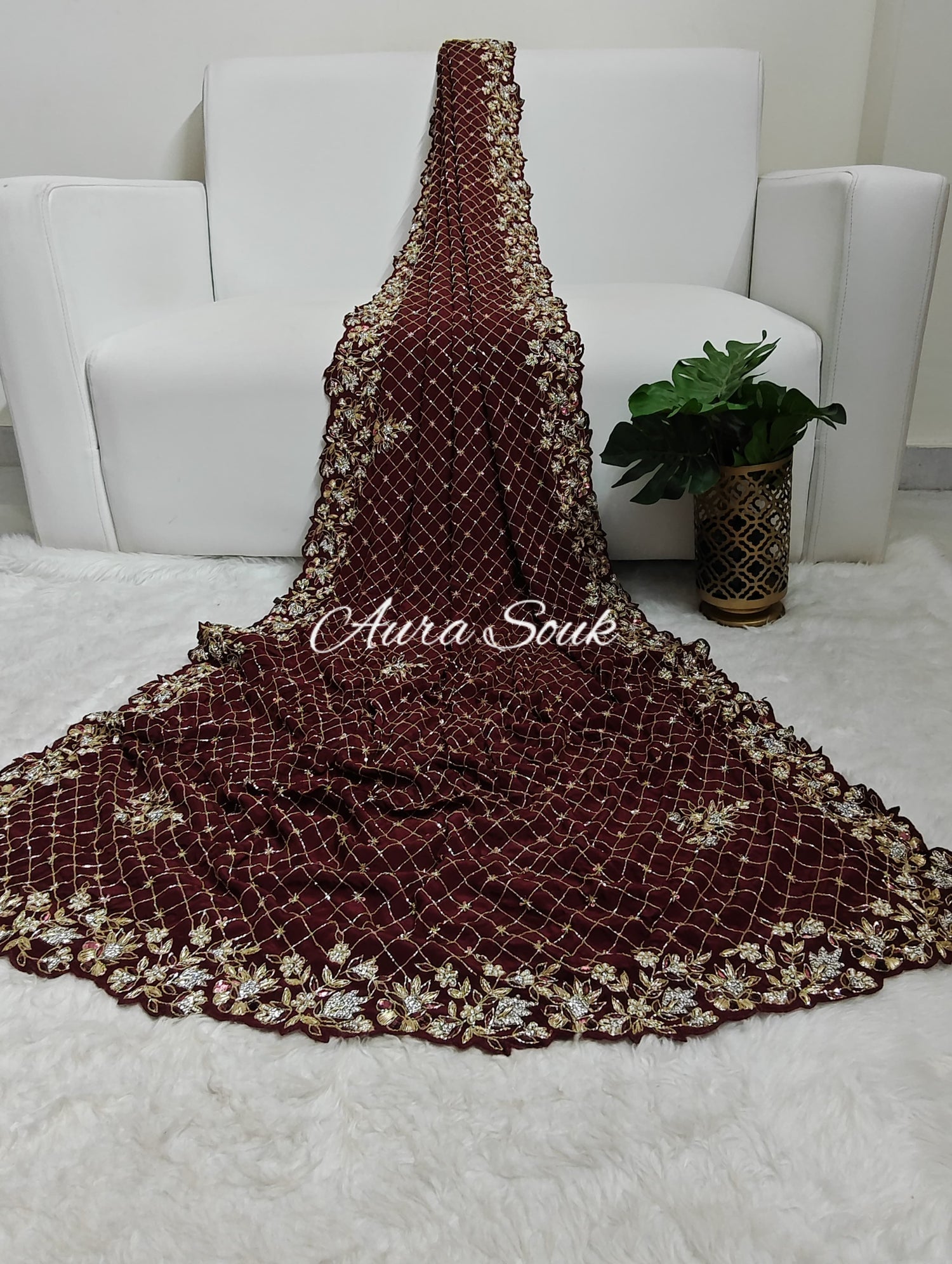 Wine Designer Satin Organza Saree
