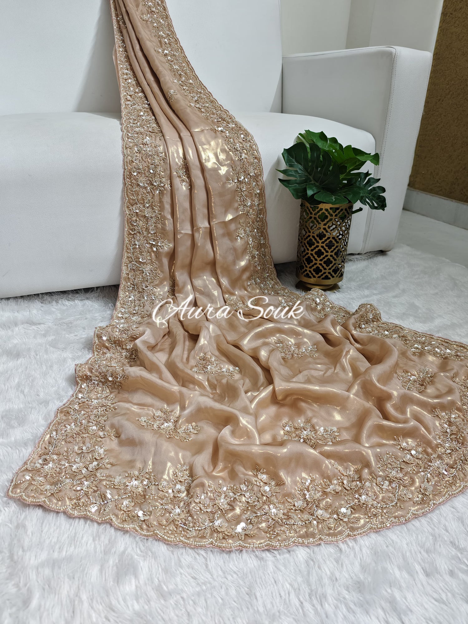 Peach Designer Shimmer Crepe Silk Saree
