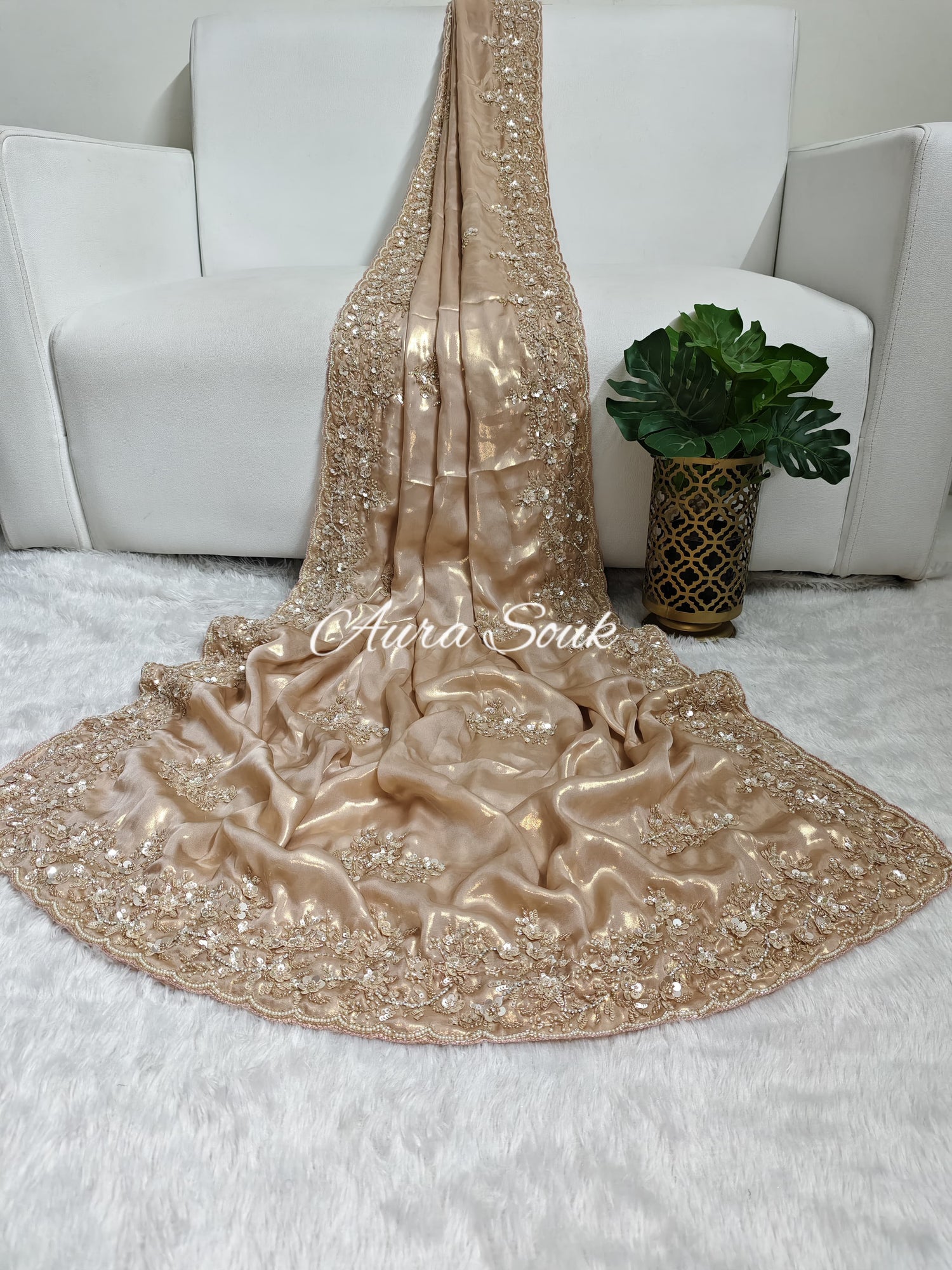 Peach Designer Shimmer Crepe Silk Saree