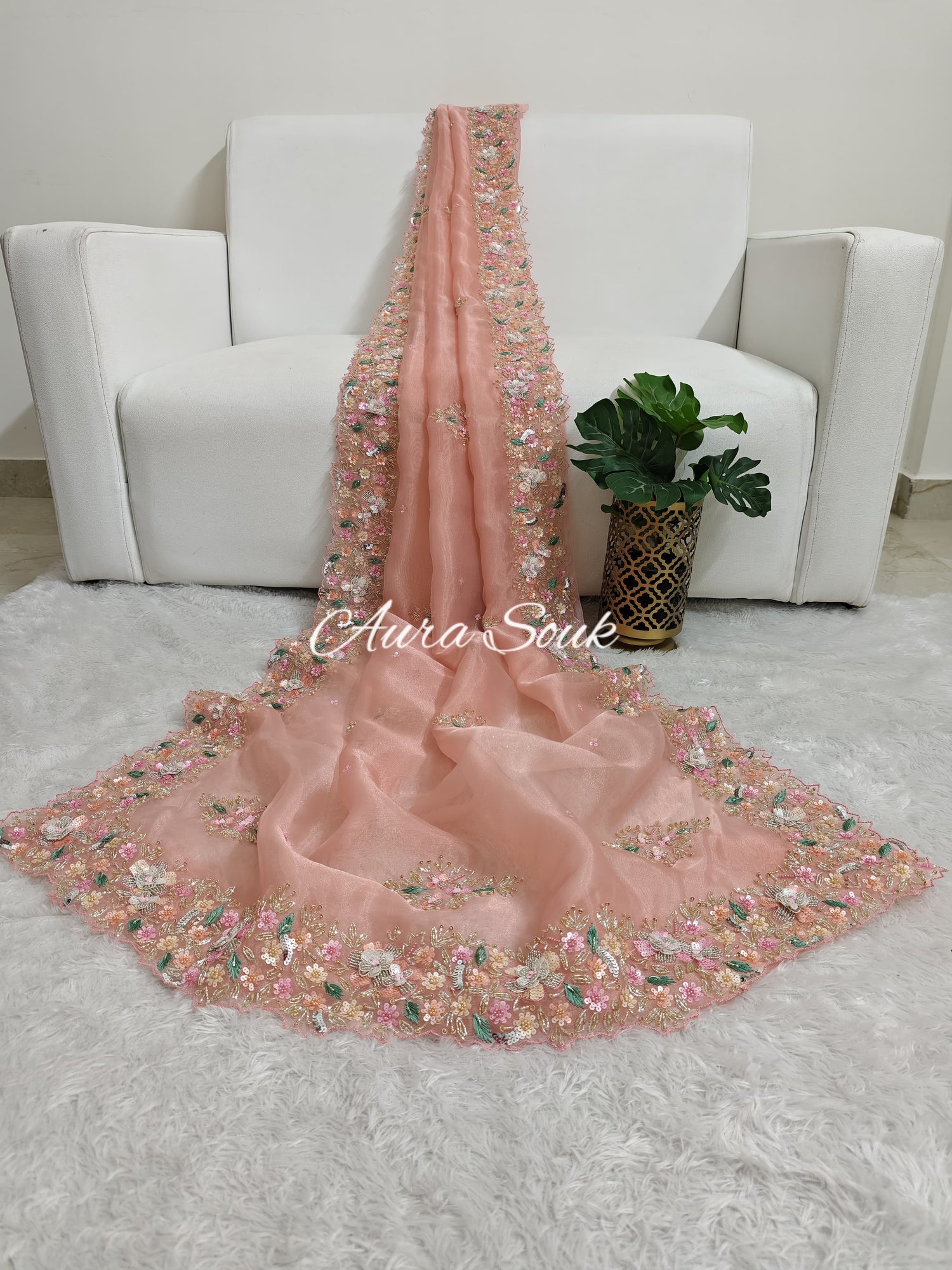 Peach Designer Shimmer Organza Saree