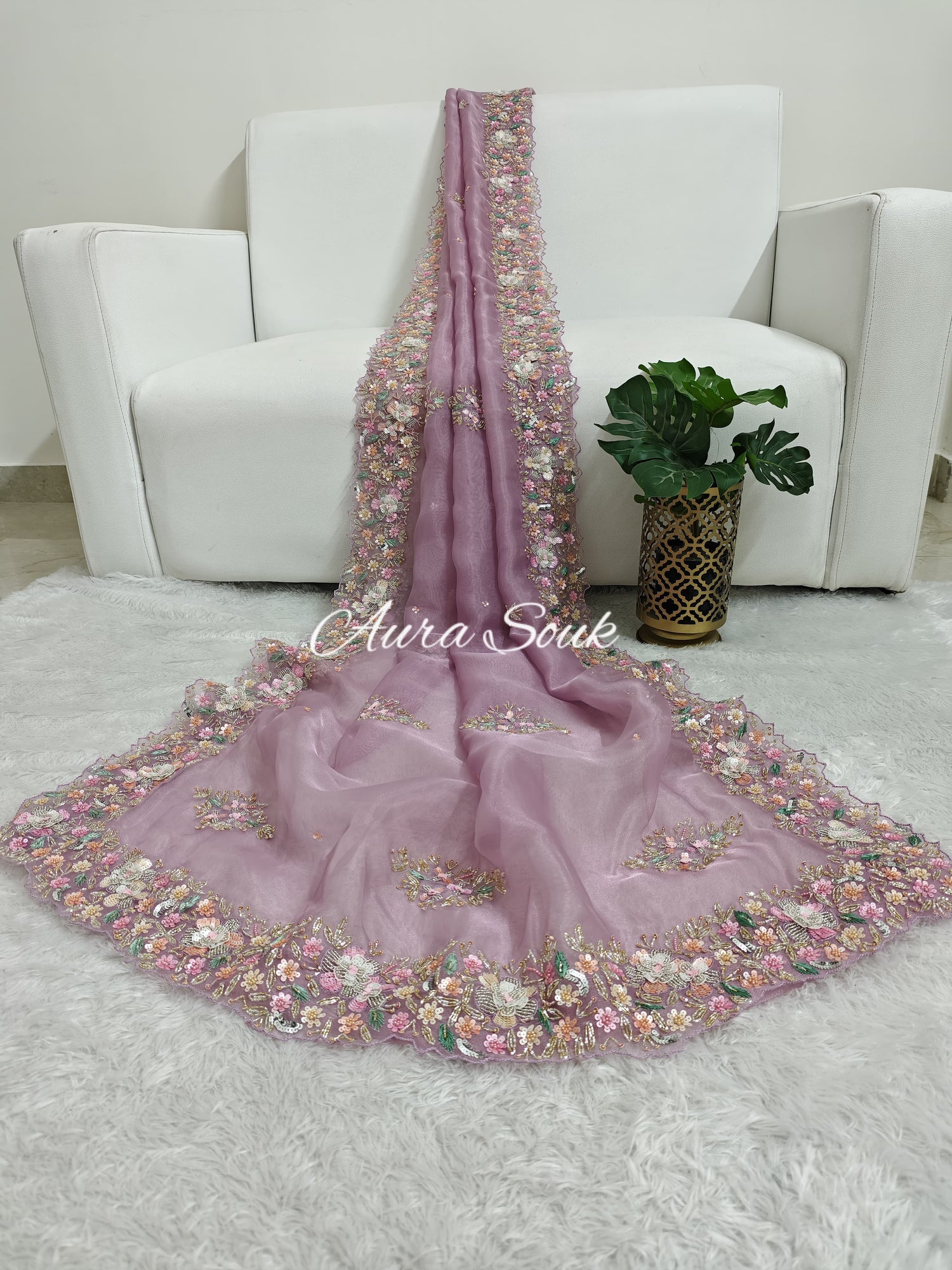 lavender Designer Shimmer Organza Saree
