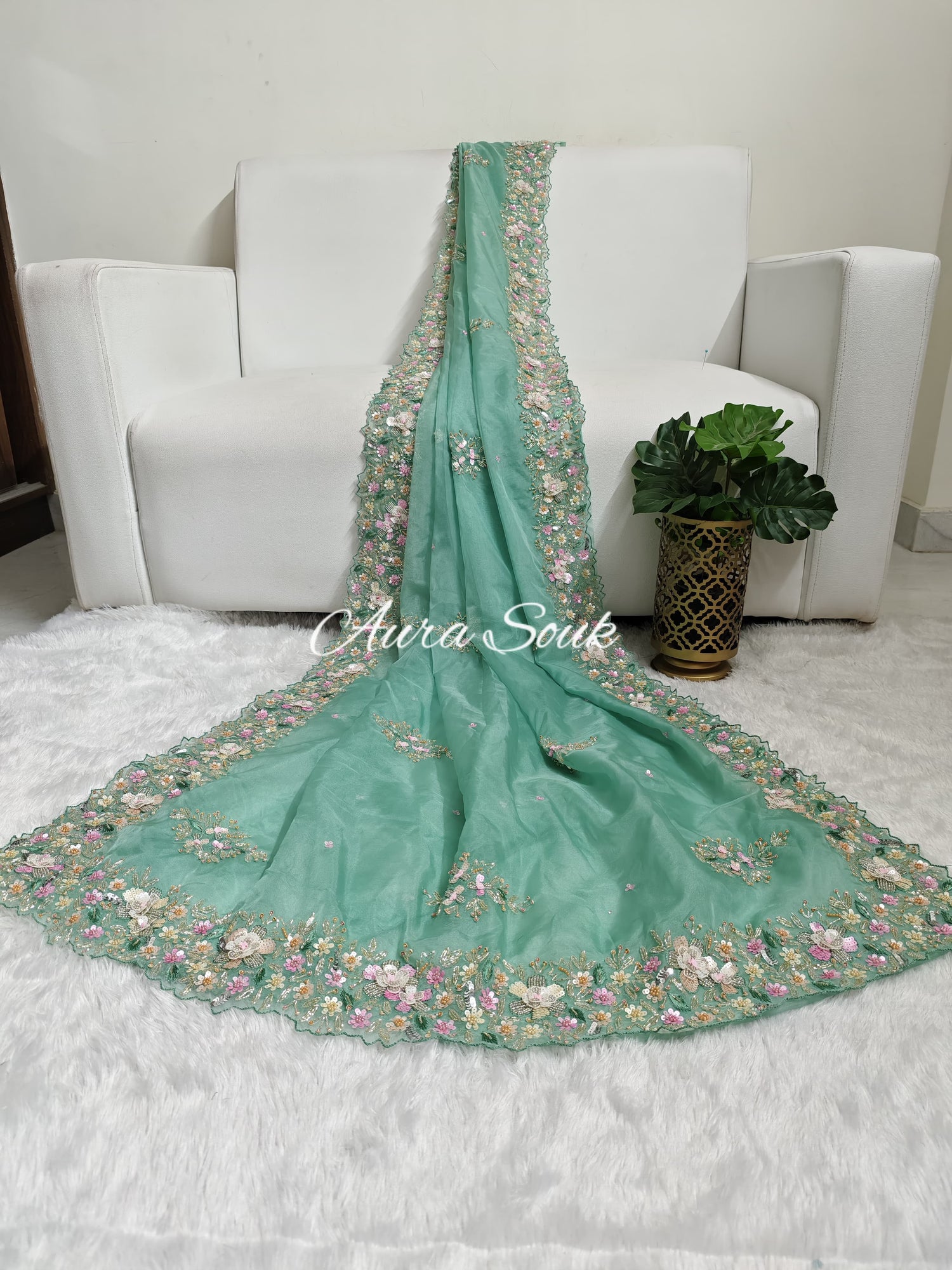 Aqua Green Designer Organza Saree