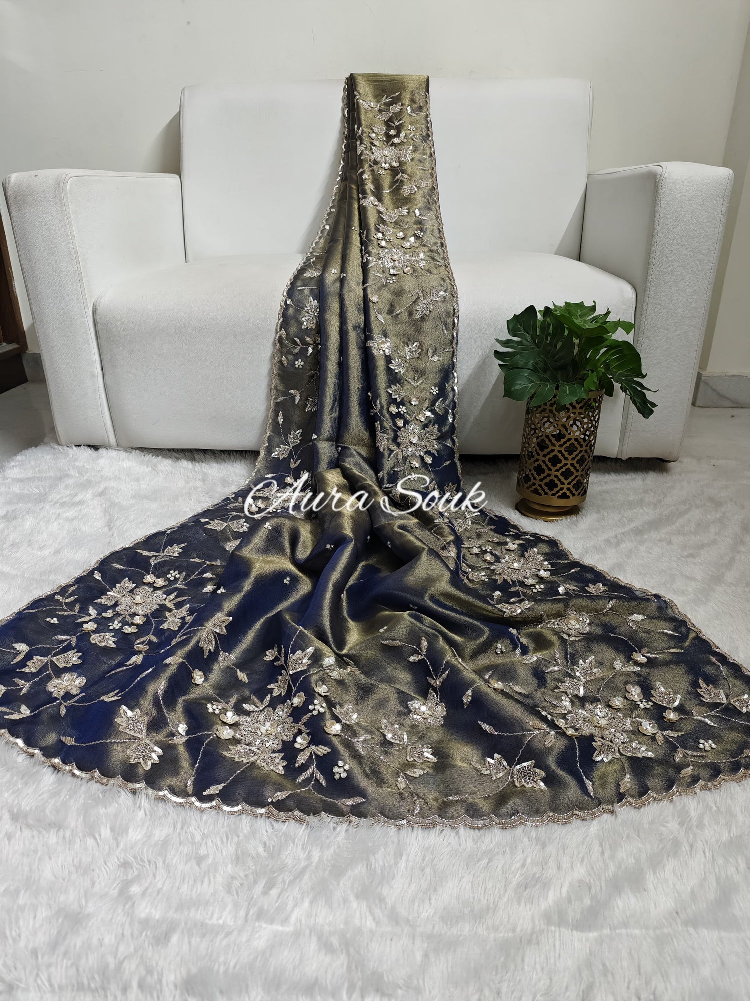 Blue Dual Toned Banarasi Tissue Designer Saree