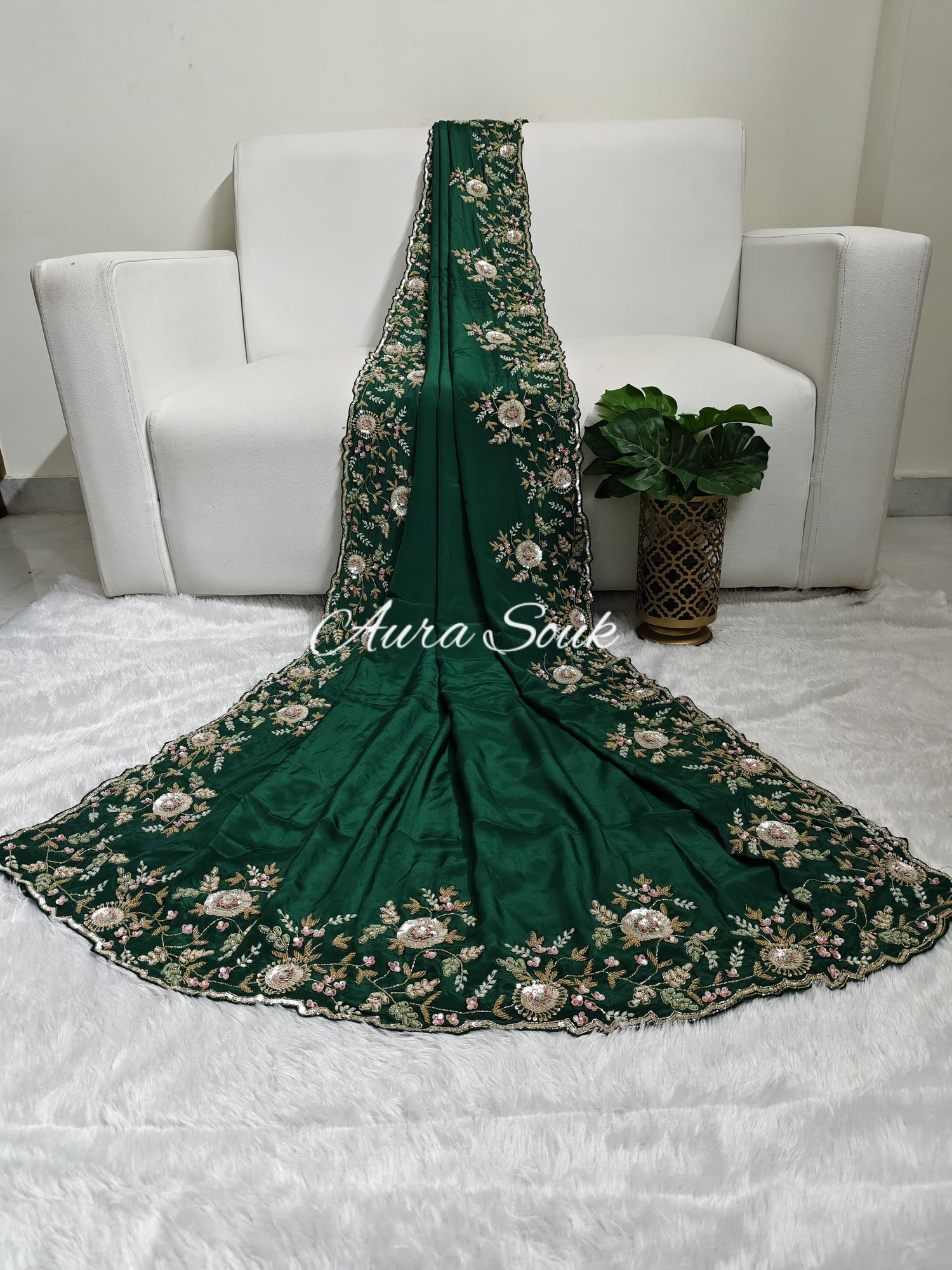 Green Satin Organza Designer Saree