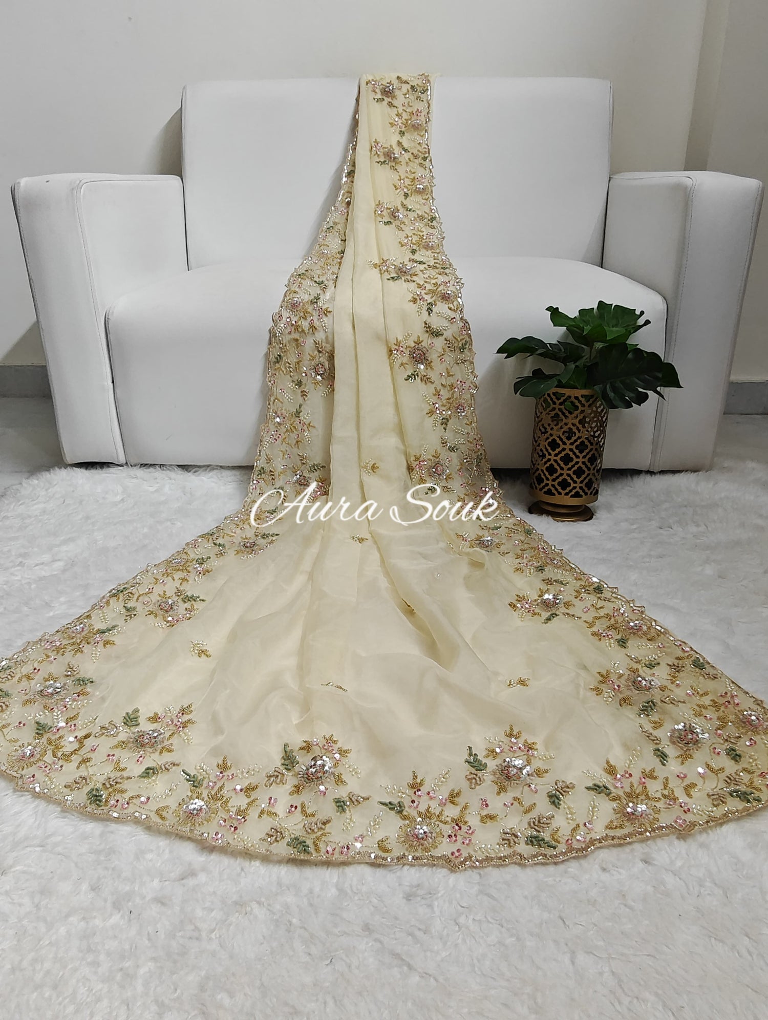 Cream Satin Organza Designer Saree