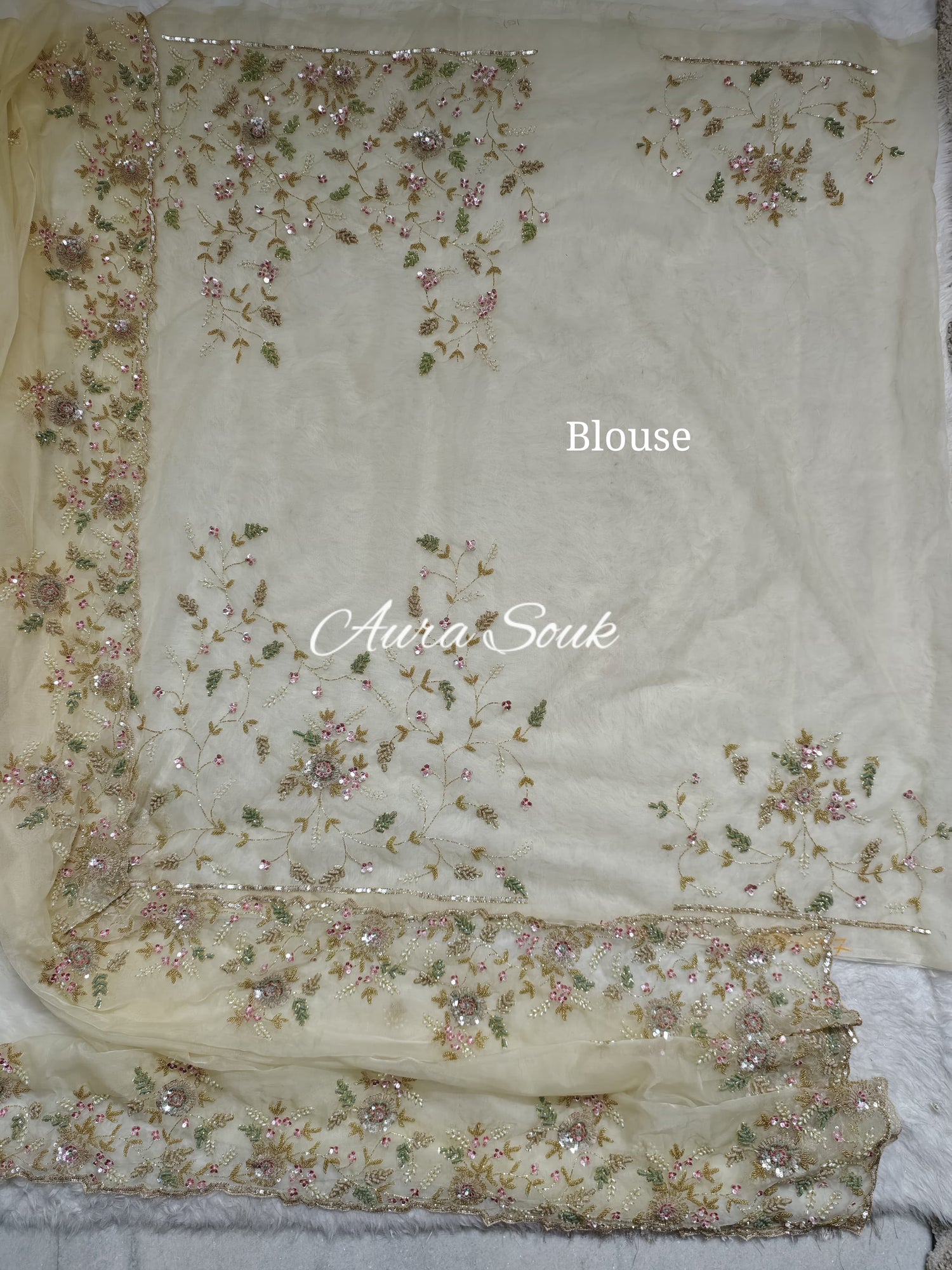 Cream Satin Organza Designer Saree