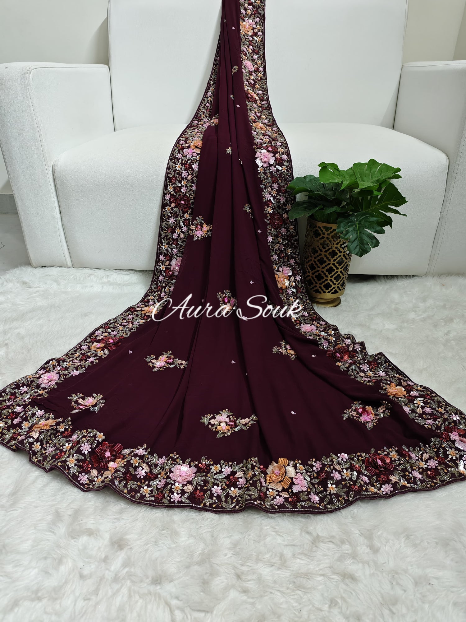 Wine Georgette Designer Saree