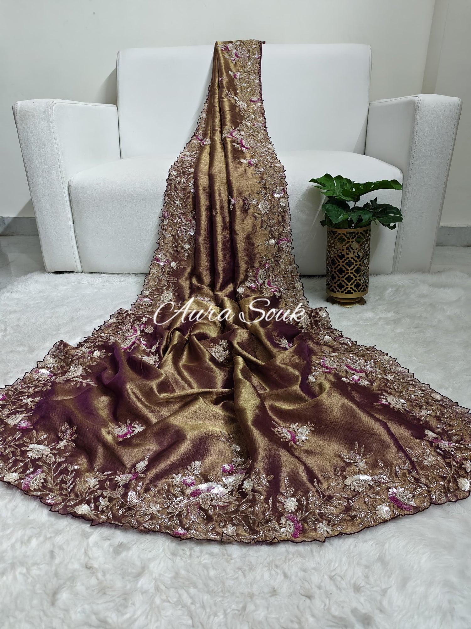 Bronze Dual Toned Tissue Silk Designer Saree