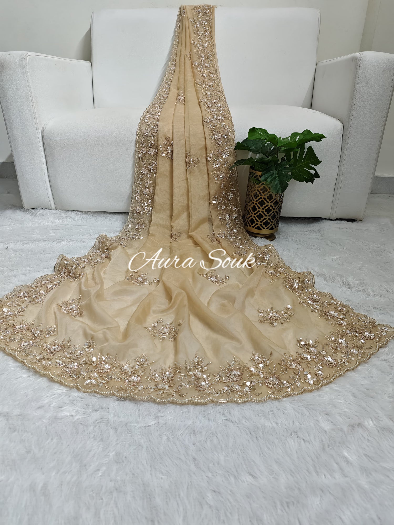 Nude Beige Organza Organza Designer Saree