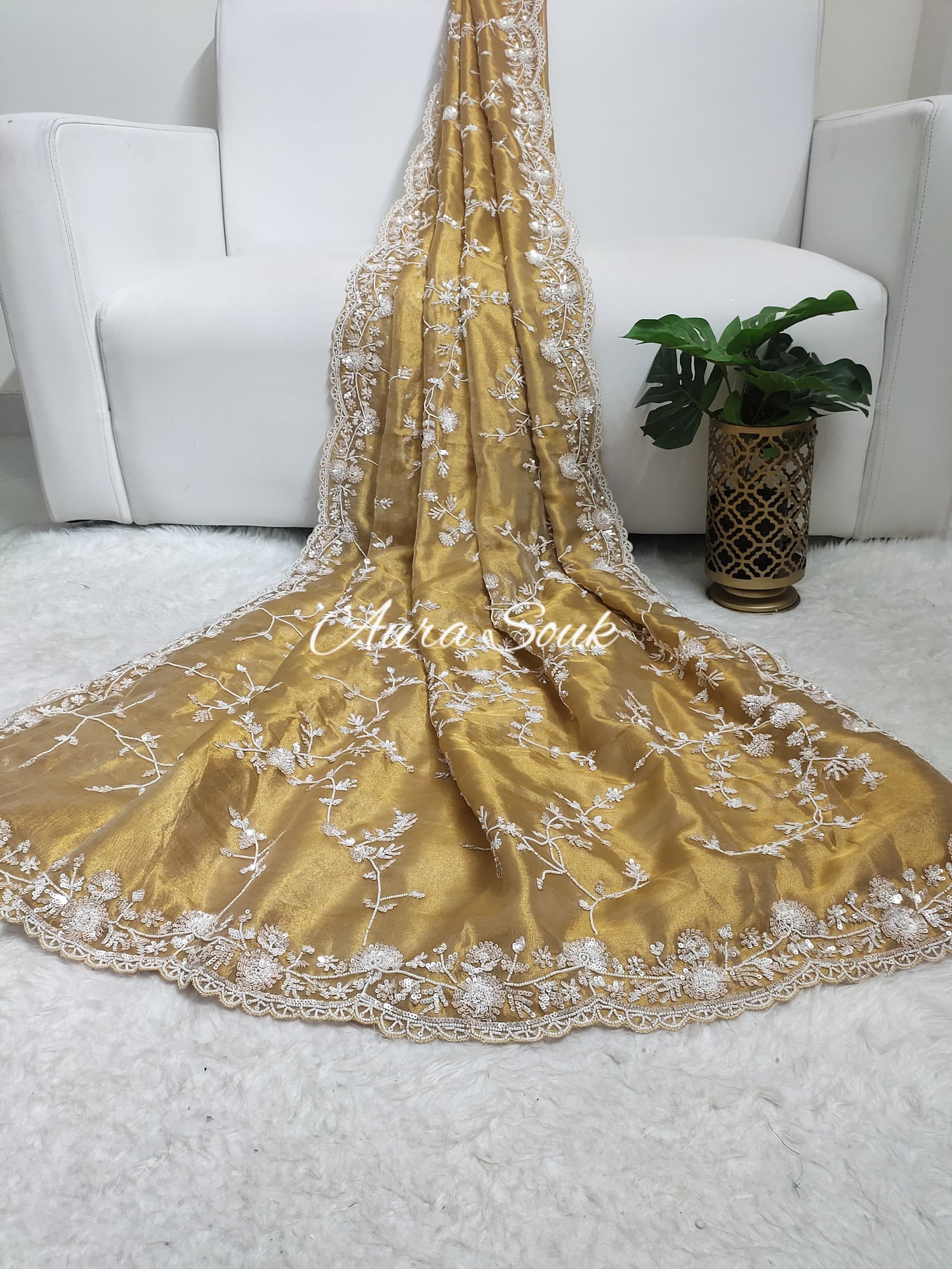 Gold Color Tissue Silk Designer Saree